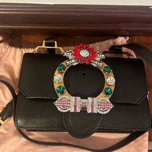 Miu Miu Black Leather Embellished Jewel Madras Crossbody Bag